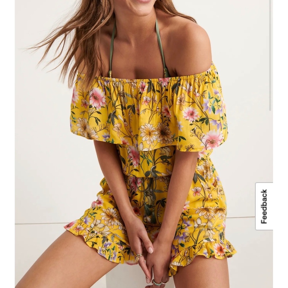Lucky Coranado Yellow Floral Off Shoulder Ruffle Romper Small boho resort dainty